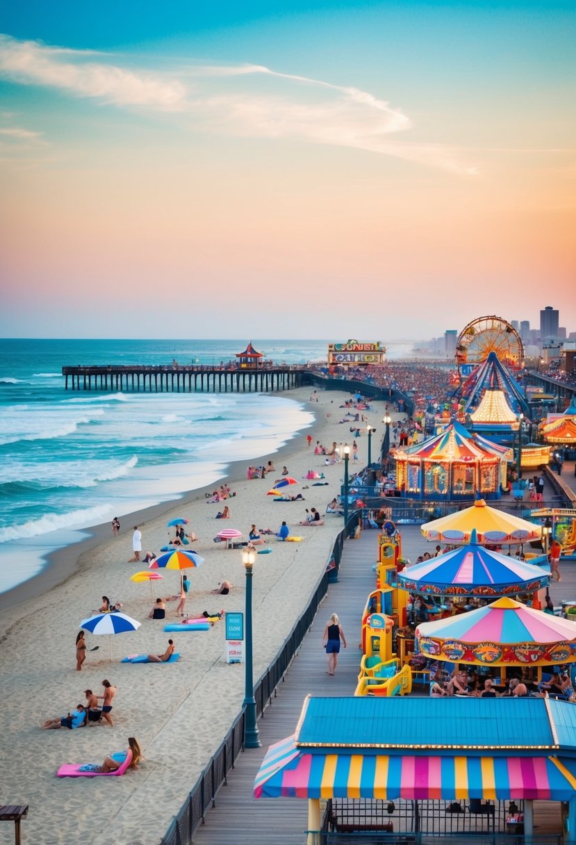 A colorful, bustling beach with a lively boardwalk, amusement park rides, and sunbathers enjoying the sand and ocean waves at Coney Island