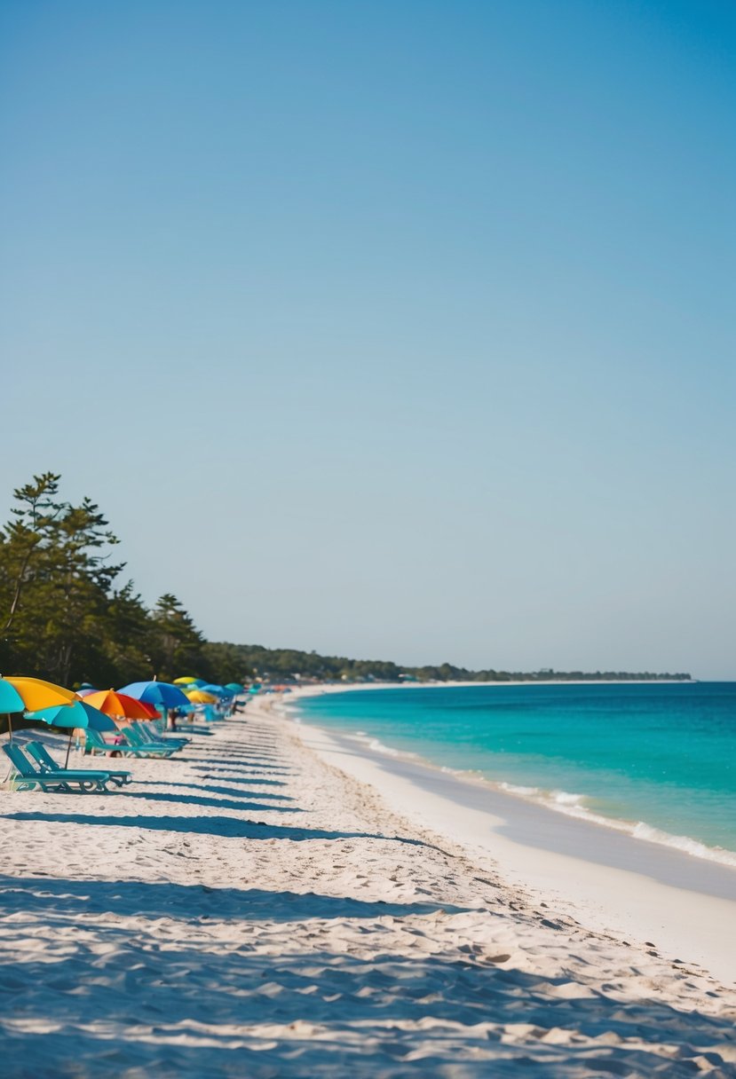 A sunny day at Jones Beach State Park: white sand stretches along the turquoise ocean, with colorful umbrellas dotting the shore