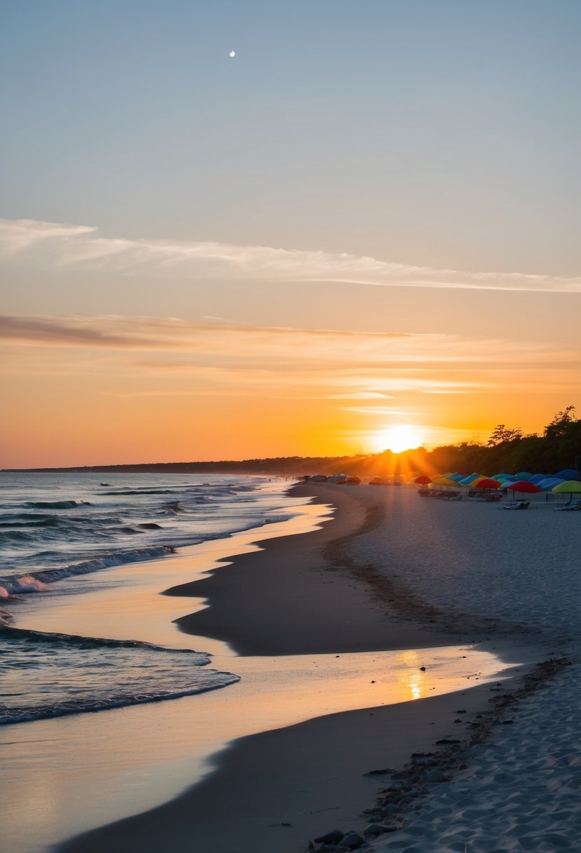 The sun sets over Fire Island National Seashore, with gentle waves lapping at the sandy shore and colorful beach umbrellas dotting the landscape