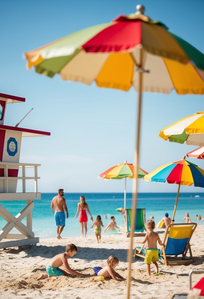 A sunny beach with lifeguard towers, clear water, and colorful umbrellas. A family plays in the sand while others swim and relax