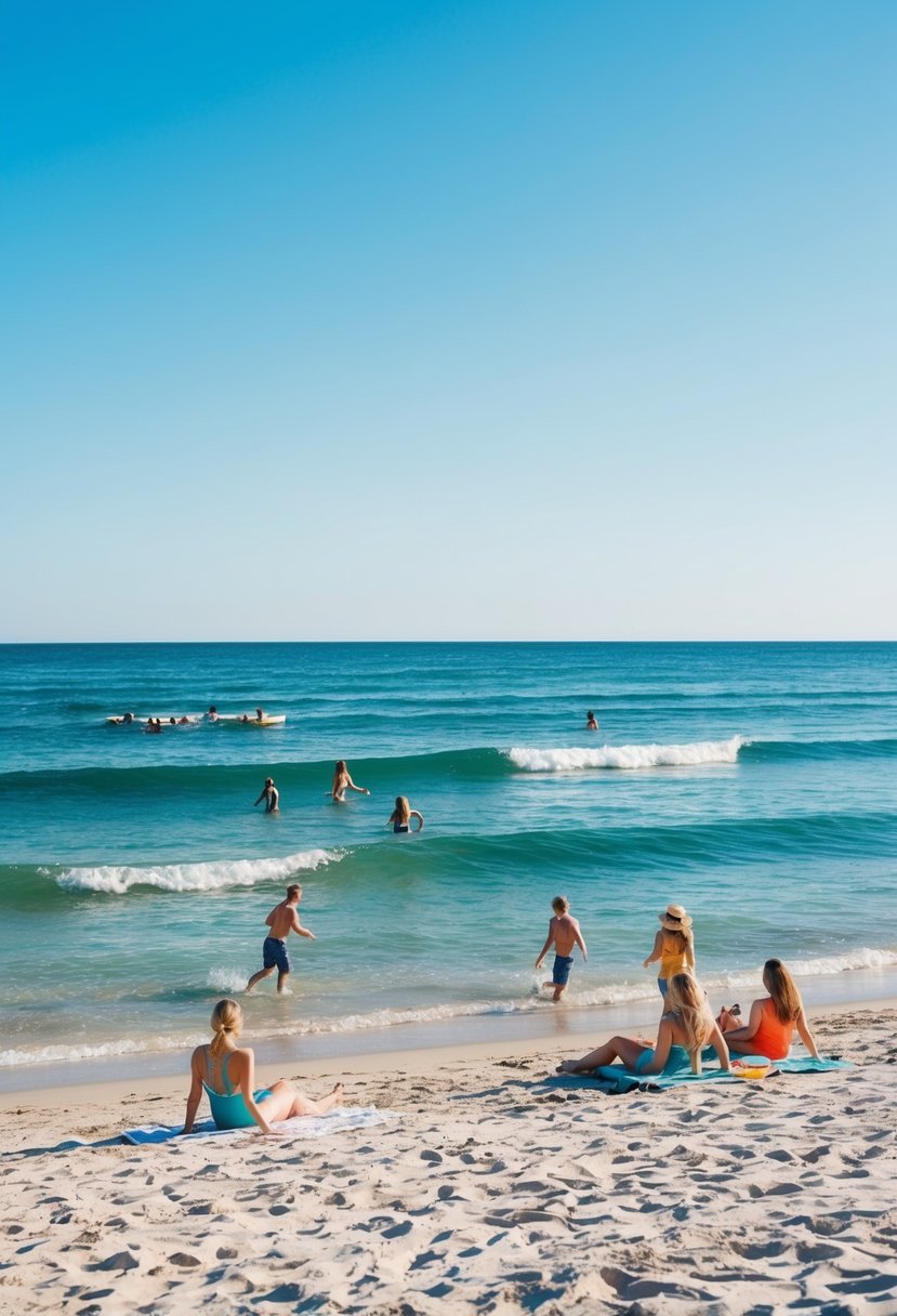 A sunny day at the beach with clear blue skies, gentle waves, and people lounging on the sand or playing in the water