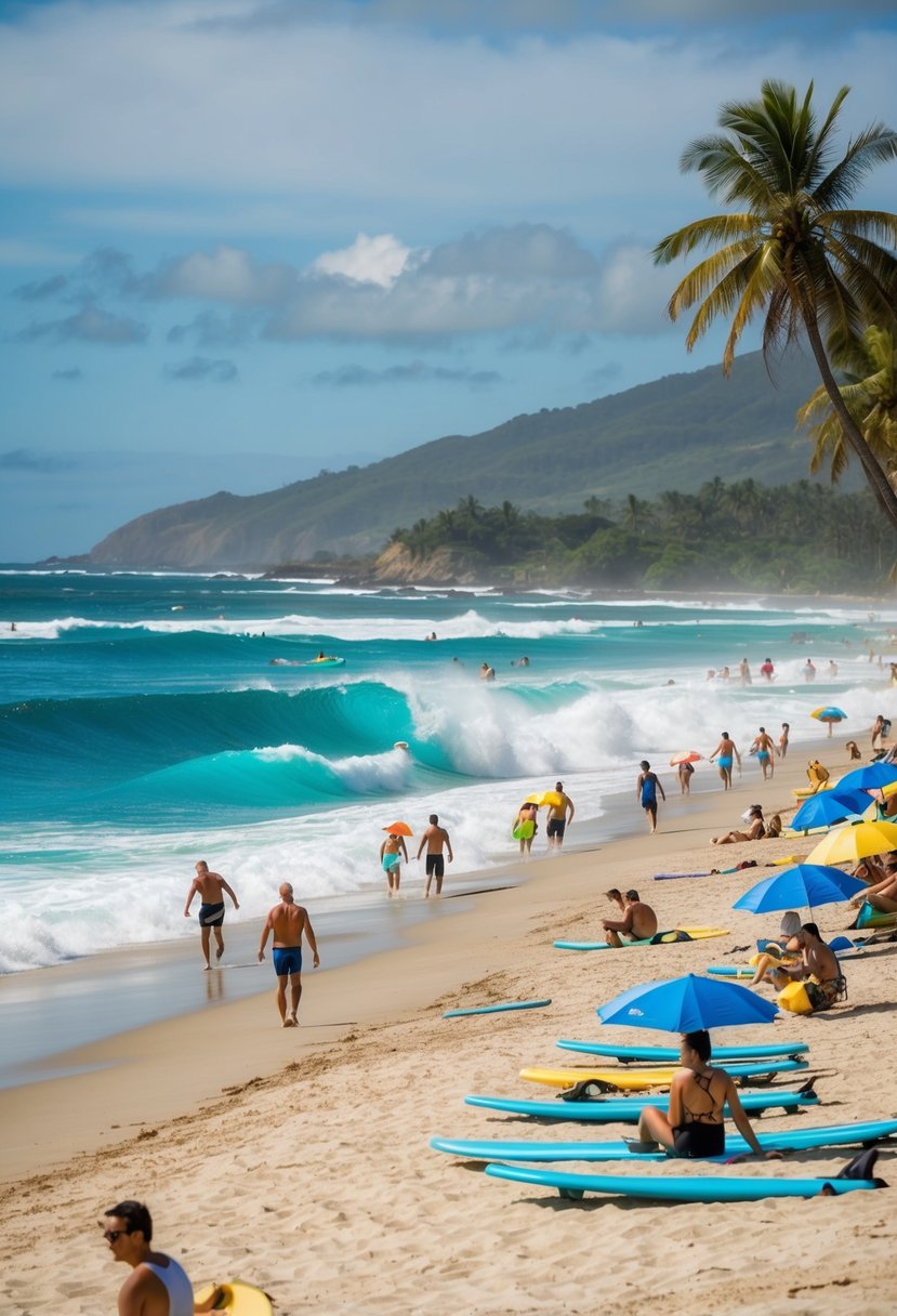 Sunbathers, surfers, and palm trees line the sandy shores of Costa Rican beaches, with turquoise waves crashing in the background