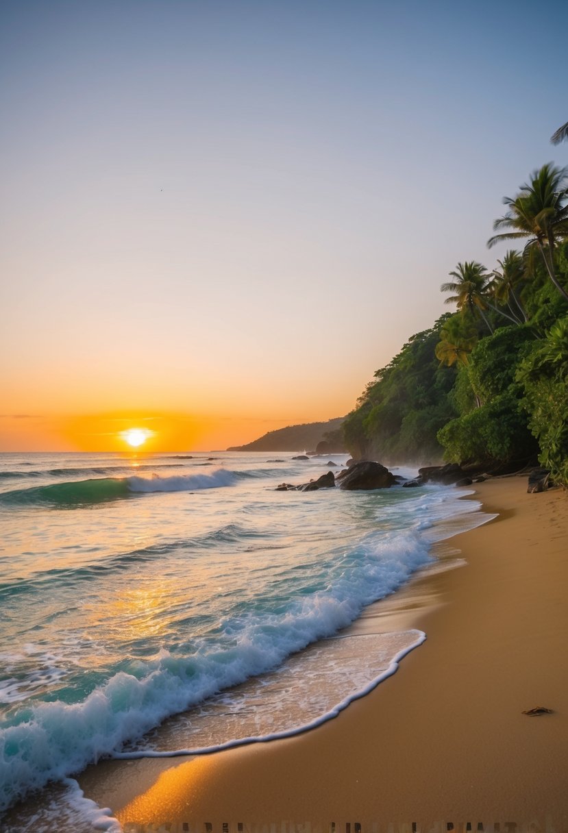 Sunset over pristine beaches, waves crashing on golden sand, surrounded by lush greenery and crystal-clear waters