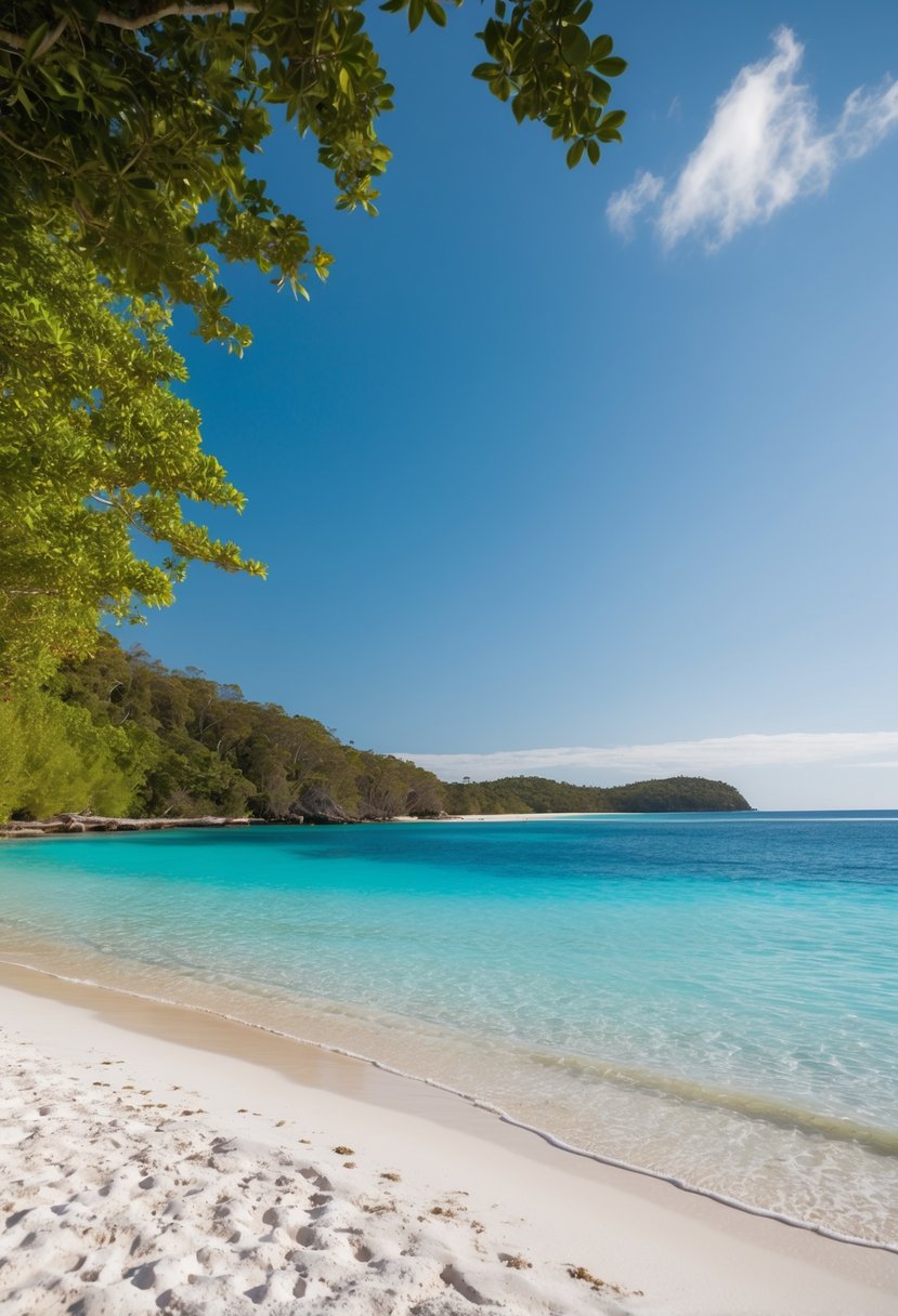 Crystal clear waters lap against the powdery white sand of Whitehaven Beach, with lush greenery framing the pristine shoreline