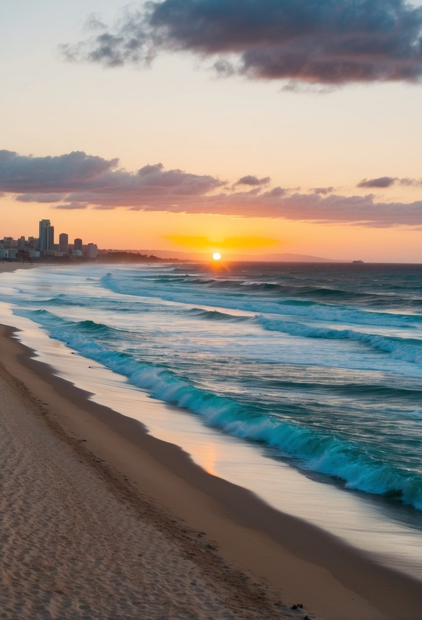 The sun sets over Bondi Beach, with golden sand stretching along the coast and turquoise waves crashing against the shore