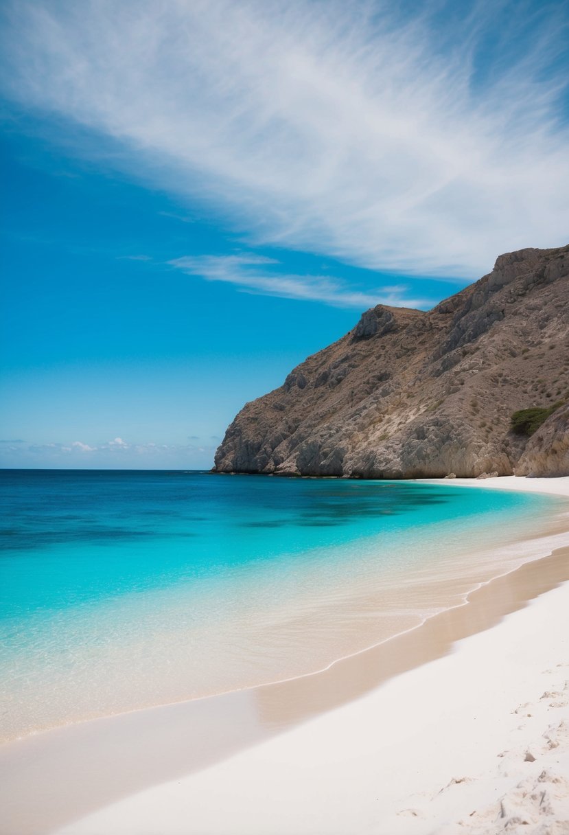 A pristine beach with white sand and turquoise waters, nestled between rugged cliffs, under a clear blue sky