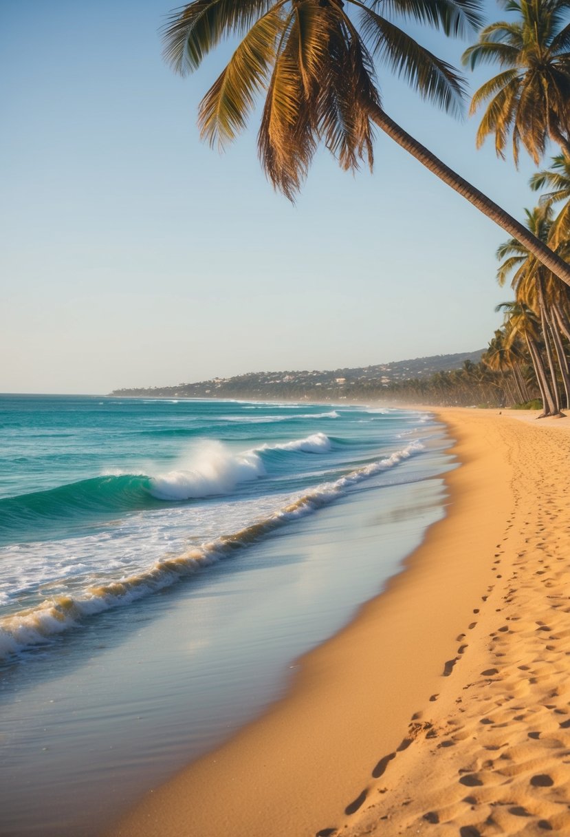 Golden sand stretches along the turquoise water at Cable Beach, with gentle waves breaking in the distance. Palm trees sway in the breeze, framing the picturesque coastline