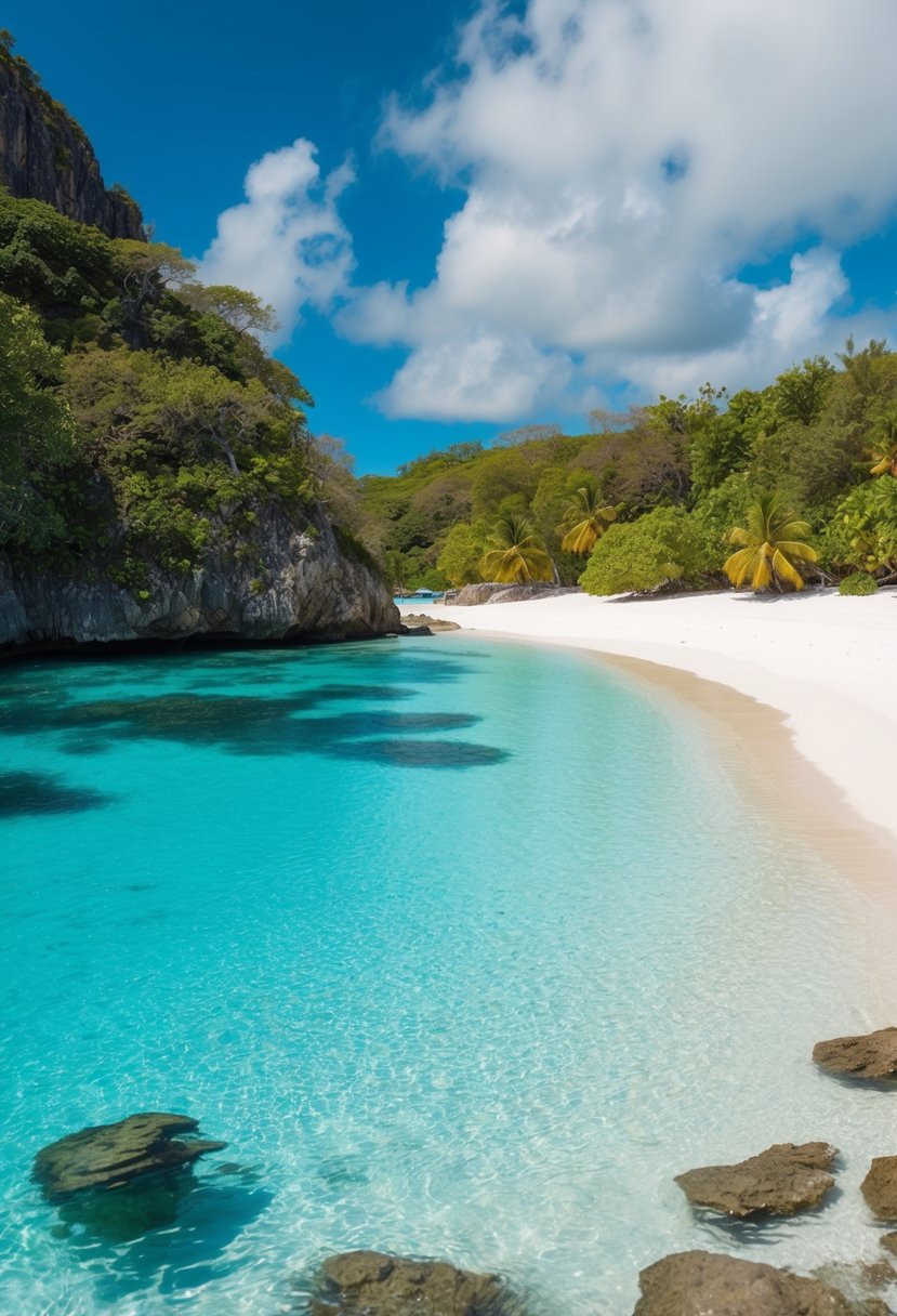 A pristine white sand beach with crystal clear turquoise waters, surrounded by lush greenery and bordered by rocky cliffs