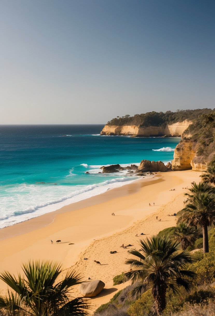 Golden sand, turquoise waves, and rugged cliffs define the best Australian beaches. Palm trees sway in the warm breeze, and colorful wildlife frolics along the shore