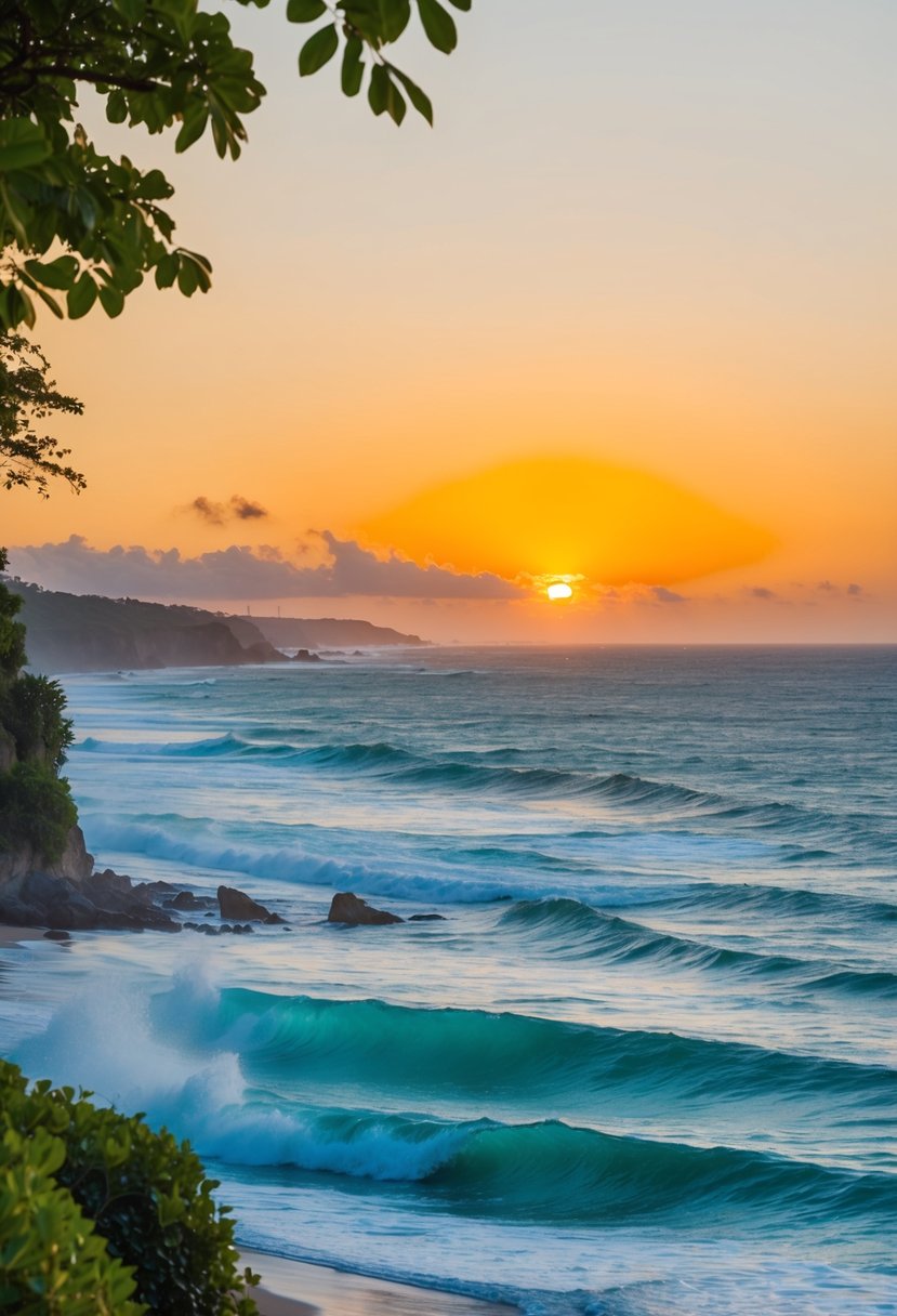 Golden sunsets over pristine beaches, turquoise waves crashing onto the shore, lush greenery framing the coastline