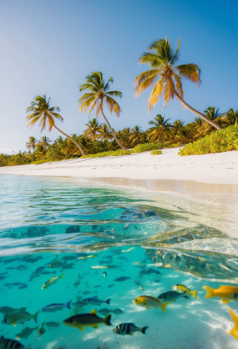 Crystal clear waters lapping against white sandy shores, palm trees swaying in the gentle breeze, and colorful marine life visible through the transparent water