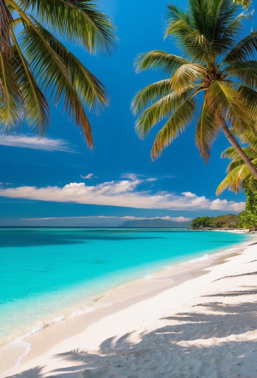 The turquoise waters of Belize's best beaches lap against white sandy shores, framed by lush green palm trees and clear blue skies