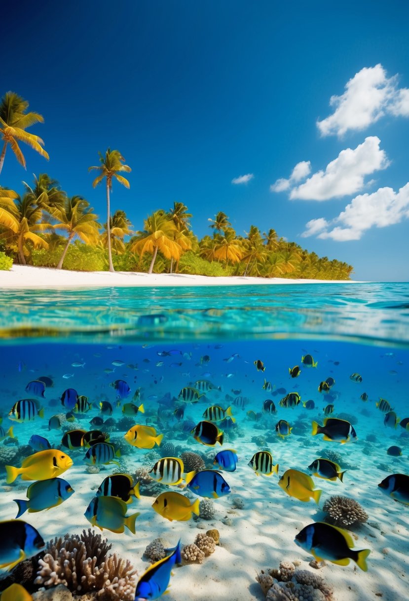 Crystal clear waters teeming with colorful fish and coral reefs, palm trees lining the sandy shores, and a vibrant blue sky overhead