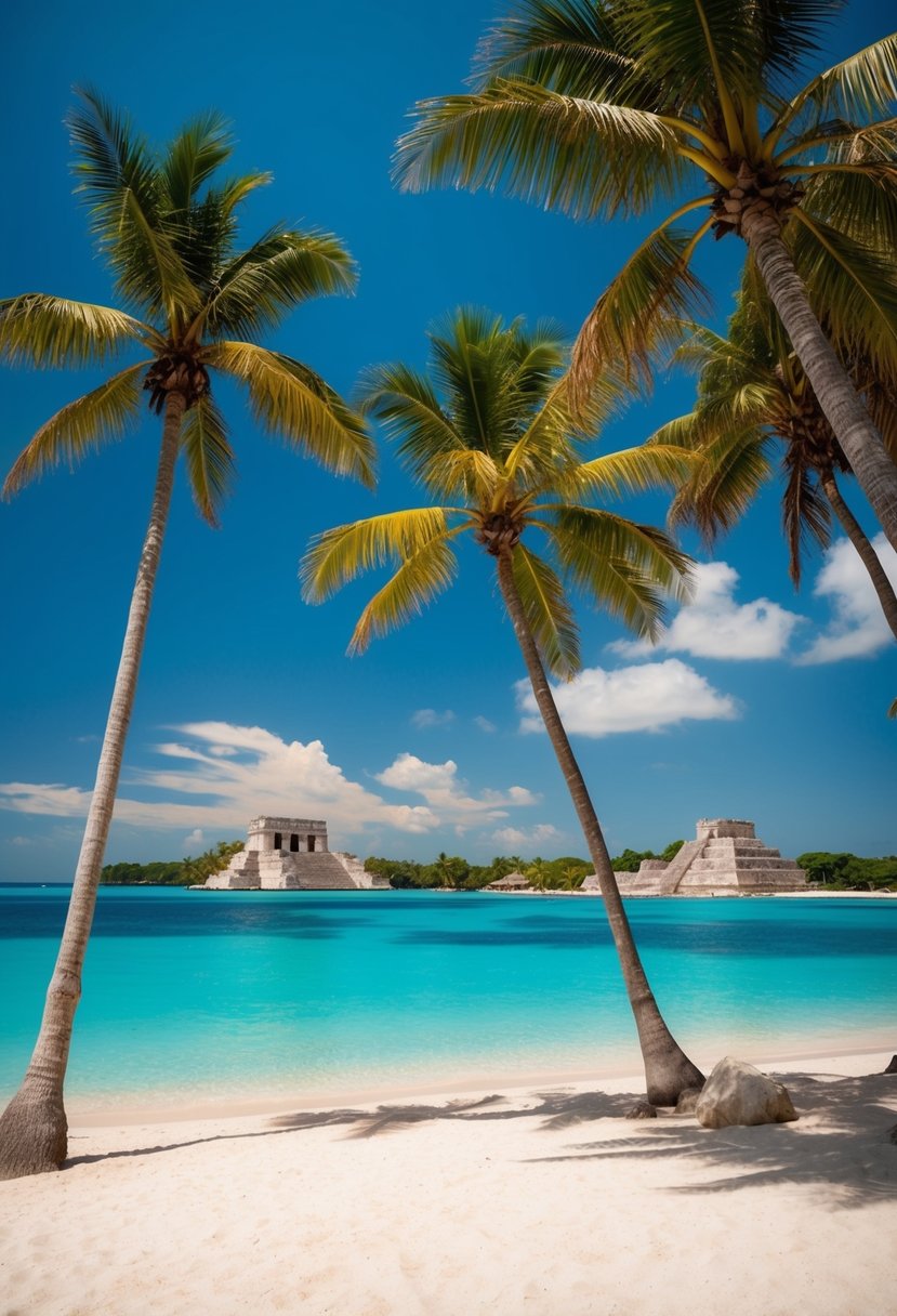 Five beaches in Belize with clear blue water, palm trees, and ancient Mayan ruins in the background