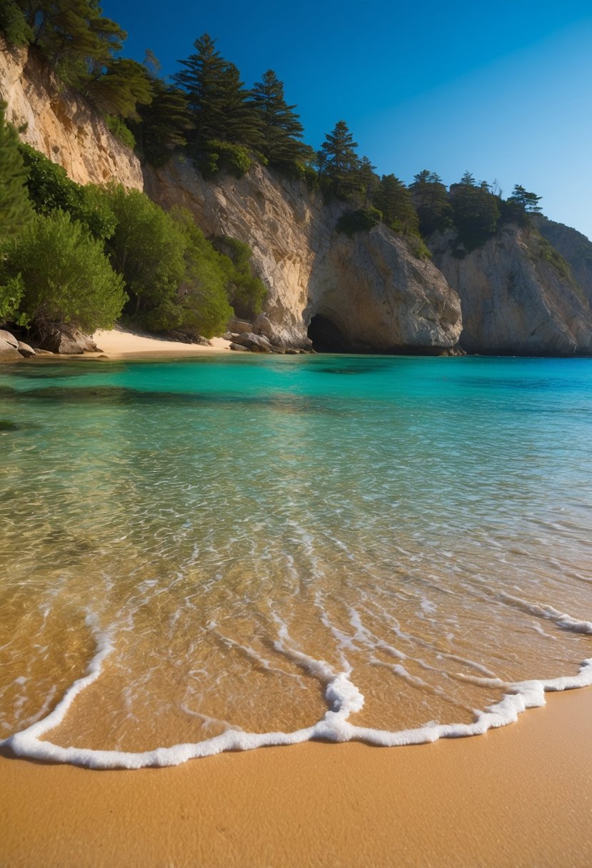 Crystal clear water laps against golden sand, framed by rugged cliffs and lush greenery. A gentle breeze carries the scent of salt and pine