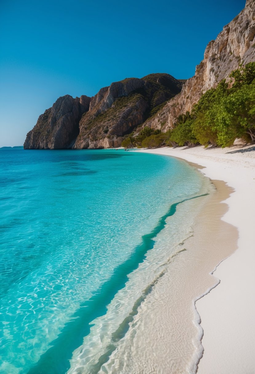 Crystal clear turquoise waters lapping against the white sandy shores of Balos Lagoon, with rugged cliffs and lush greenery in the background