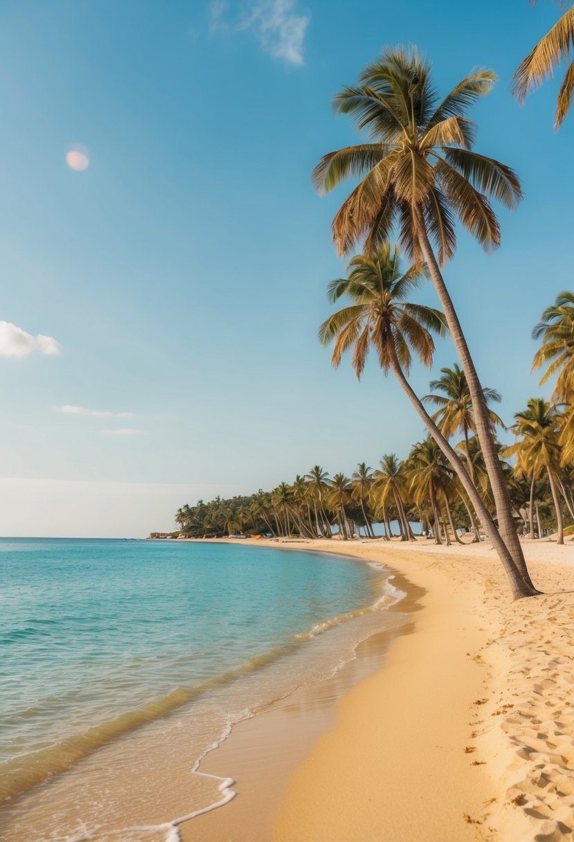 A serene beach with golden sand, clear blue water, and palm trees lining the shore under a bright, sunny sky