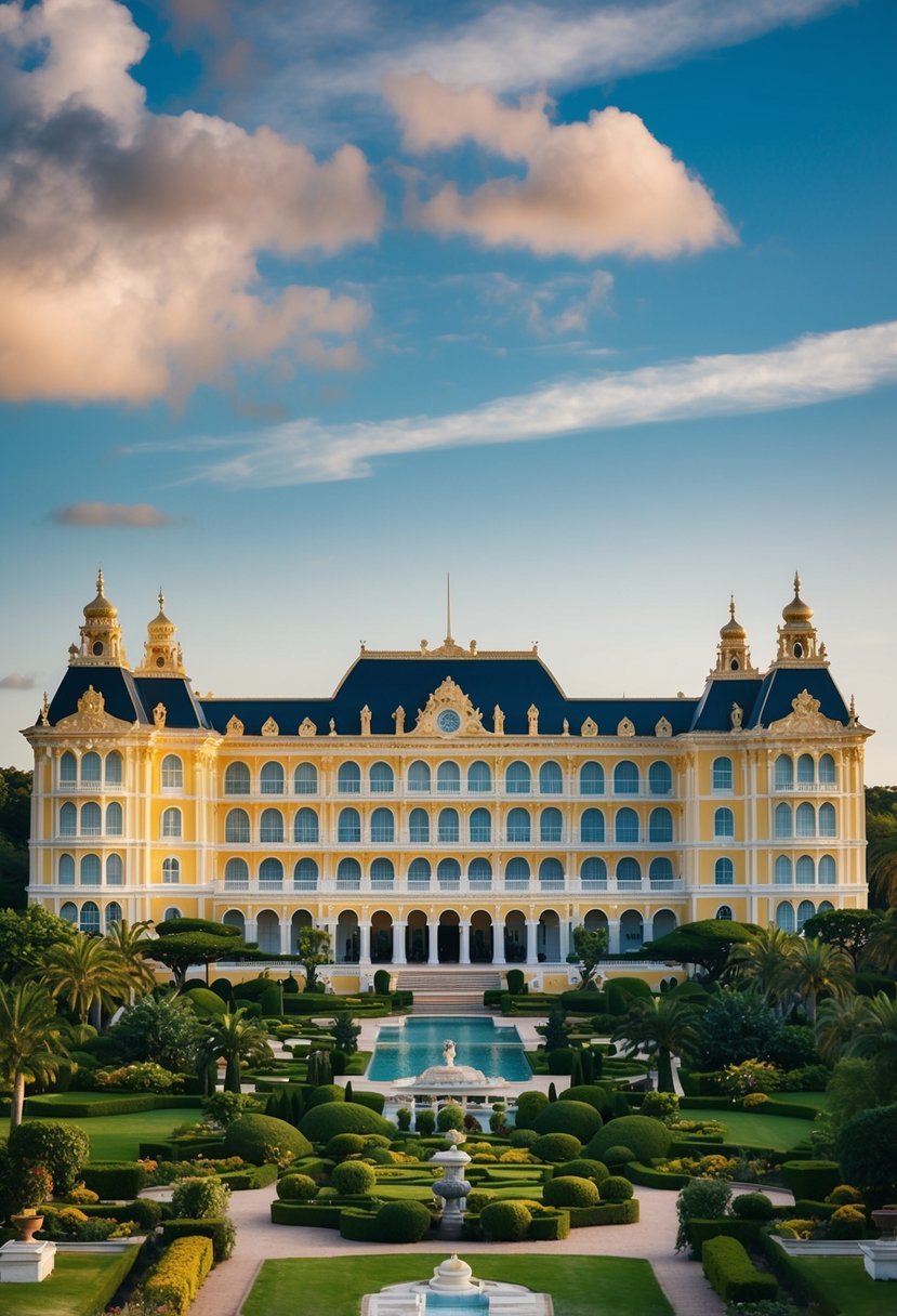 A grand, opulent resort with lush gardens and a majestic palace-like structure