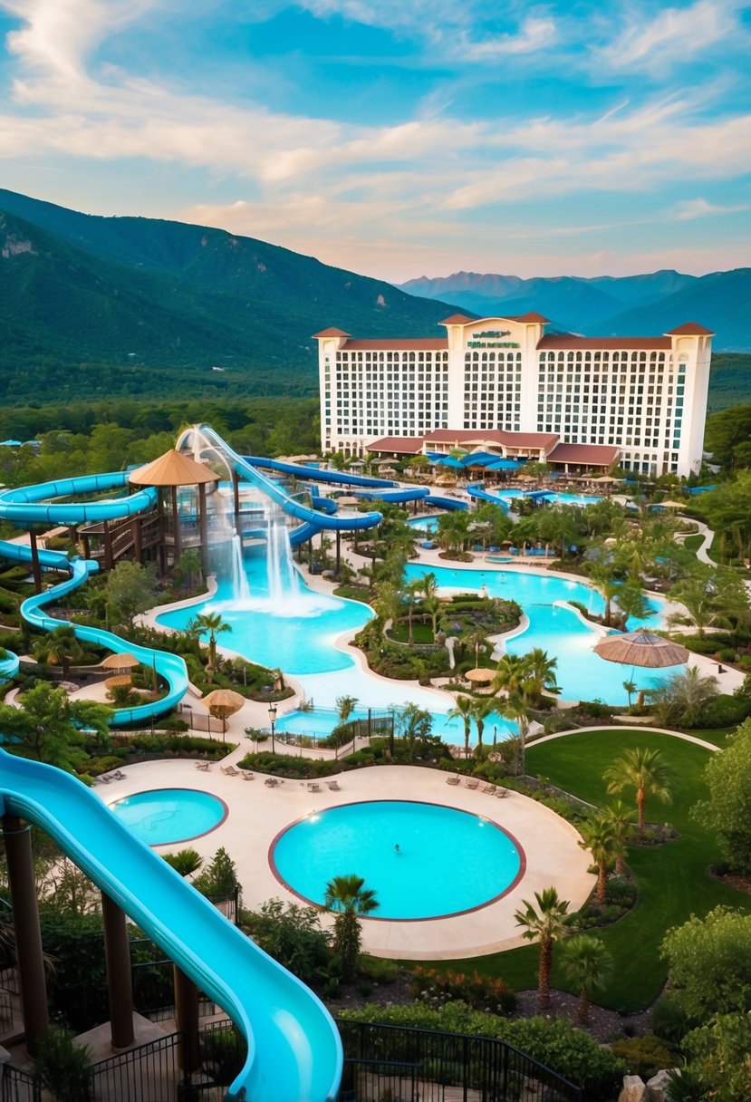 A sprawling water park with slides and pools surrounded by lush greenery and a large resort building nestled in the mountains