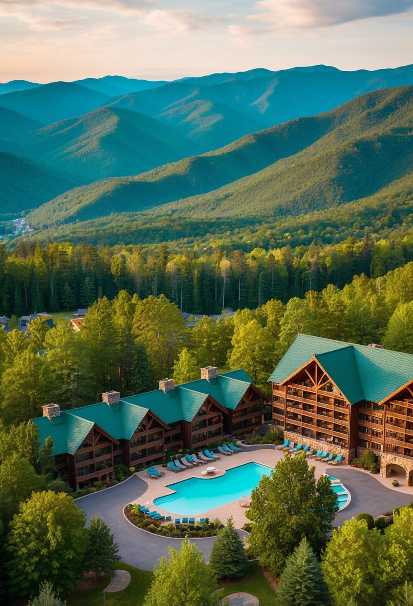 A sprawling mountain resort nestled in lush greenery, with luxurious cabins and a tranquil spa, surrounded by the serene beauty of Gatlinburg