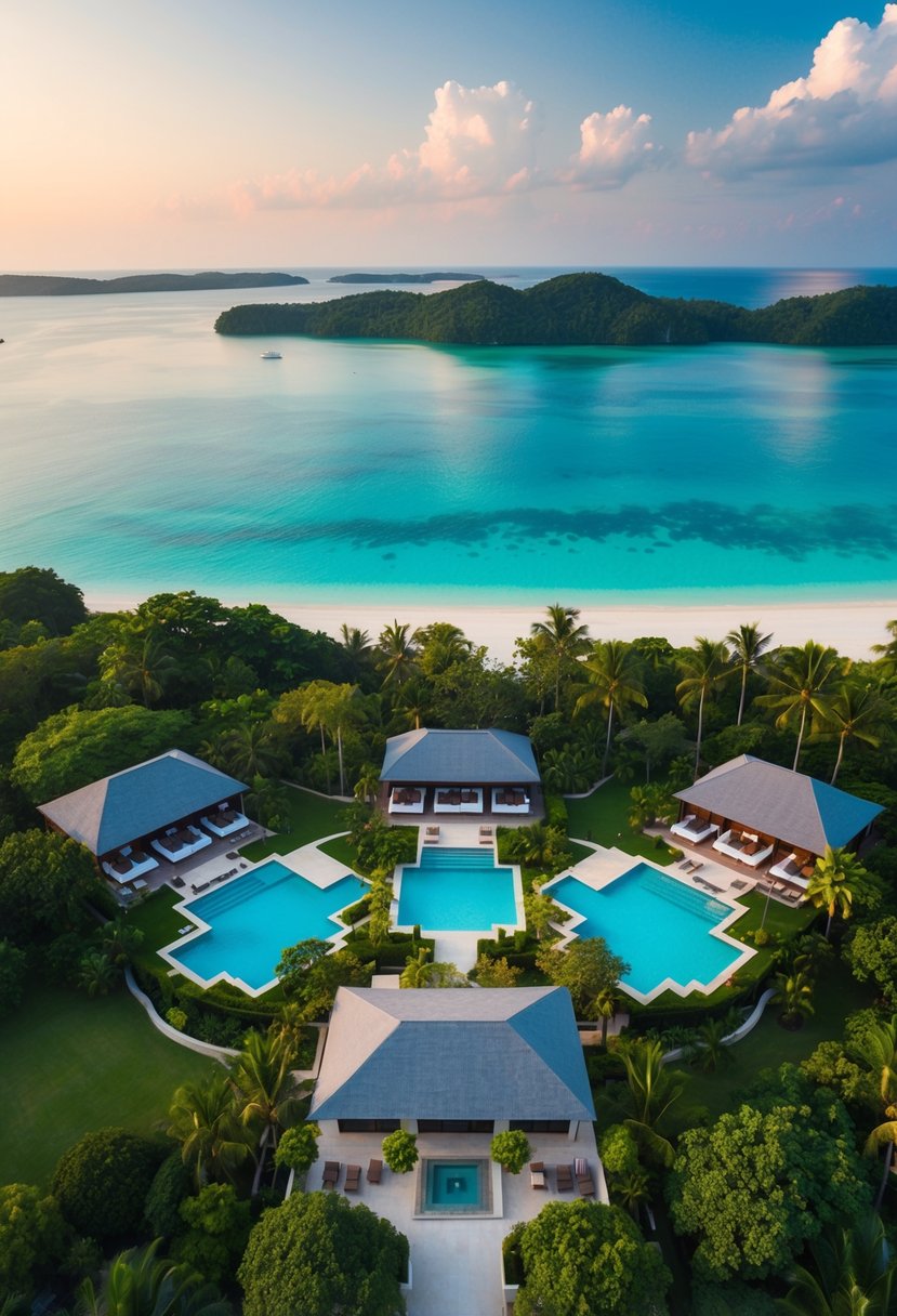 Aerial view of 5 luxury resorts in Krabi, nestled among lush greenery and overlooking crystal-clear waters and pristine beaches