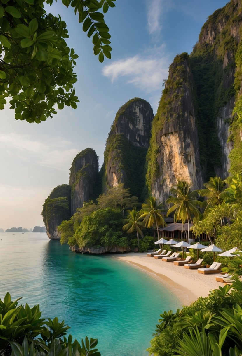 A luxurious beachfront resort nestled among lush tropical foliage and limestone cliffs in Krabi