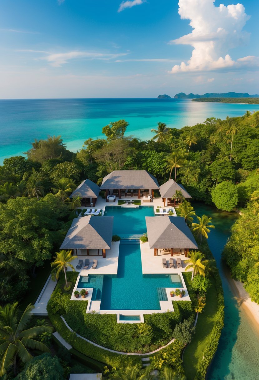Aerial view of Pimalai Resort and Spa nestled in lush greenery by the crystal-clear waters of Krabi, with luxurious villas and infinity pools