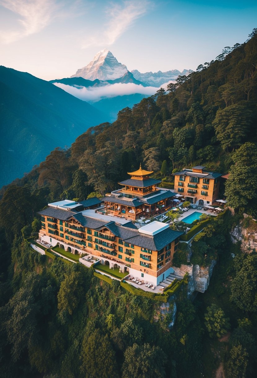 Aerial view of Tiger's Nest Resort nestled in lush greenery, with traditional Nepali architecture and a backdrop of the Himalayas