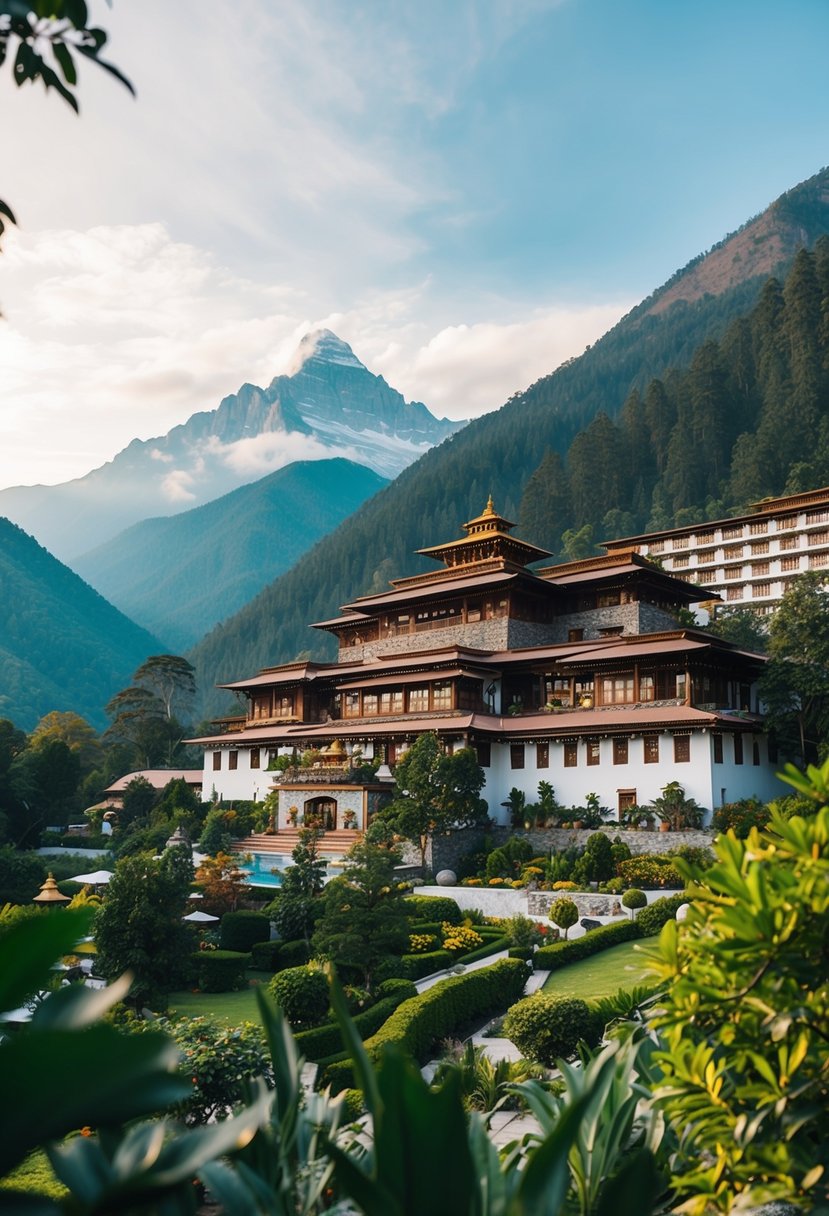 A serene mountain landscape with traditional Nepali architecture, prayer flags, and lush greenery surrounding a luxurious resort