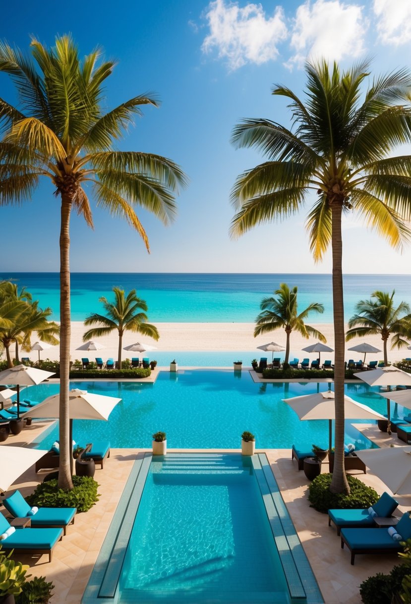 A luxurious resort pool surrounded by palm trees, lounge chairs, and cabanas, with a backdrop of a pristine beach and crystal-clear ocean