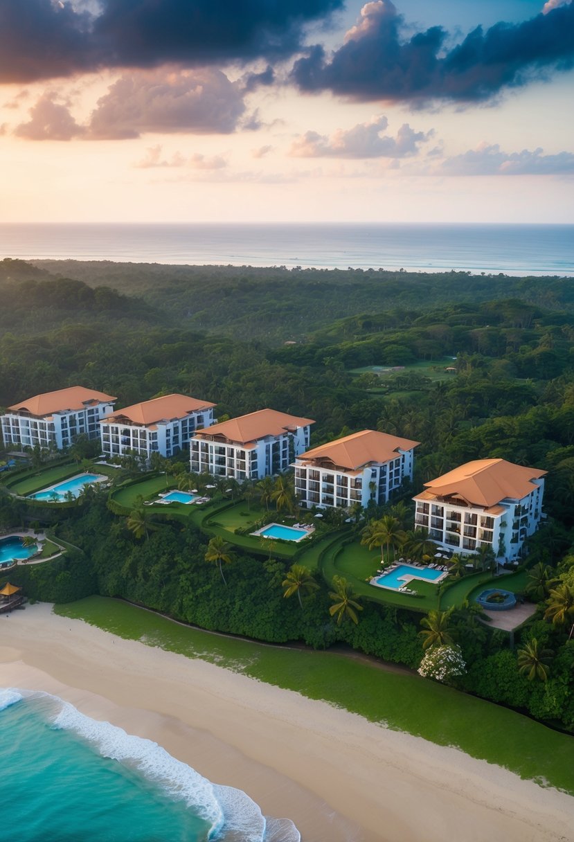 Aerial view of 5 luxurious resorts nestled among lush greenery and overlooking pristine beaches in Sri Lanka