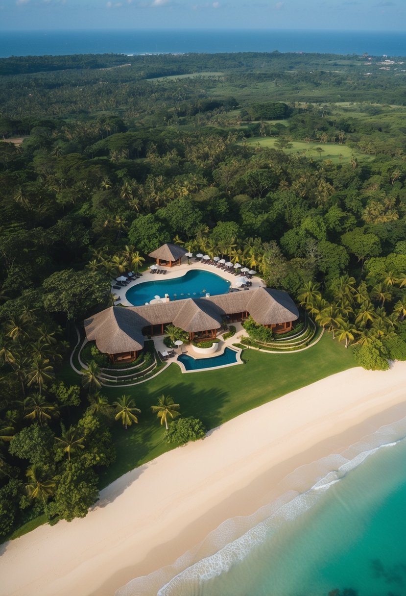 Aerial view of Anantara Peace Haven Tangalle Resort nestled amidst lush greenery and overlooking the pristine coastline of Sri Lanka