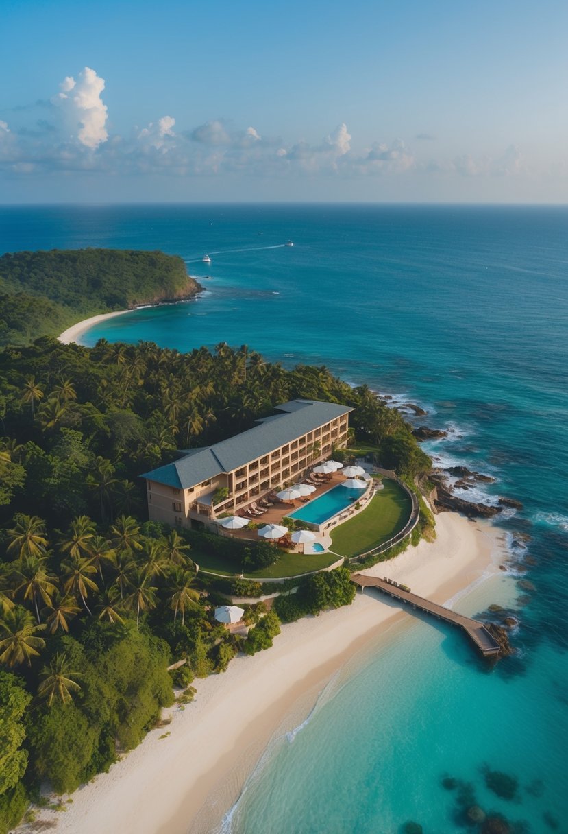 Aerial view of Cape Weligama resort nestled between lush greenery and overlooking the sparkling blue waters of the Indian Ocean