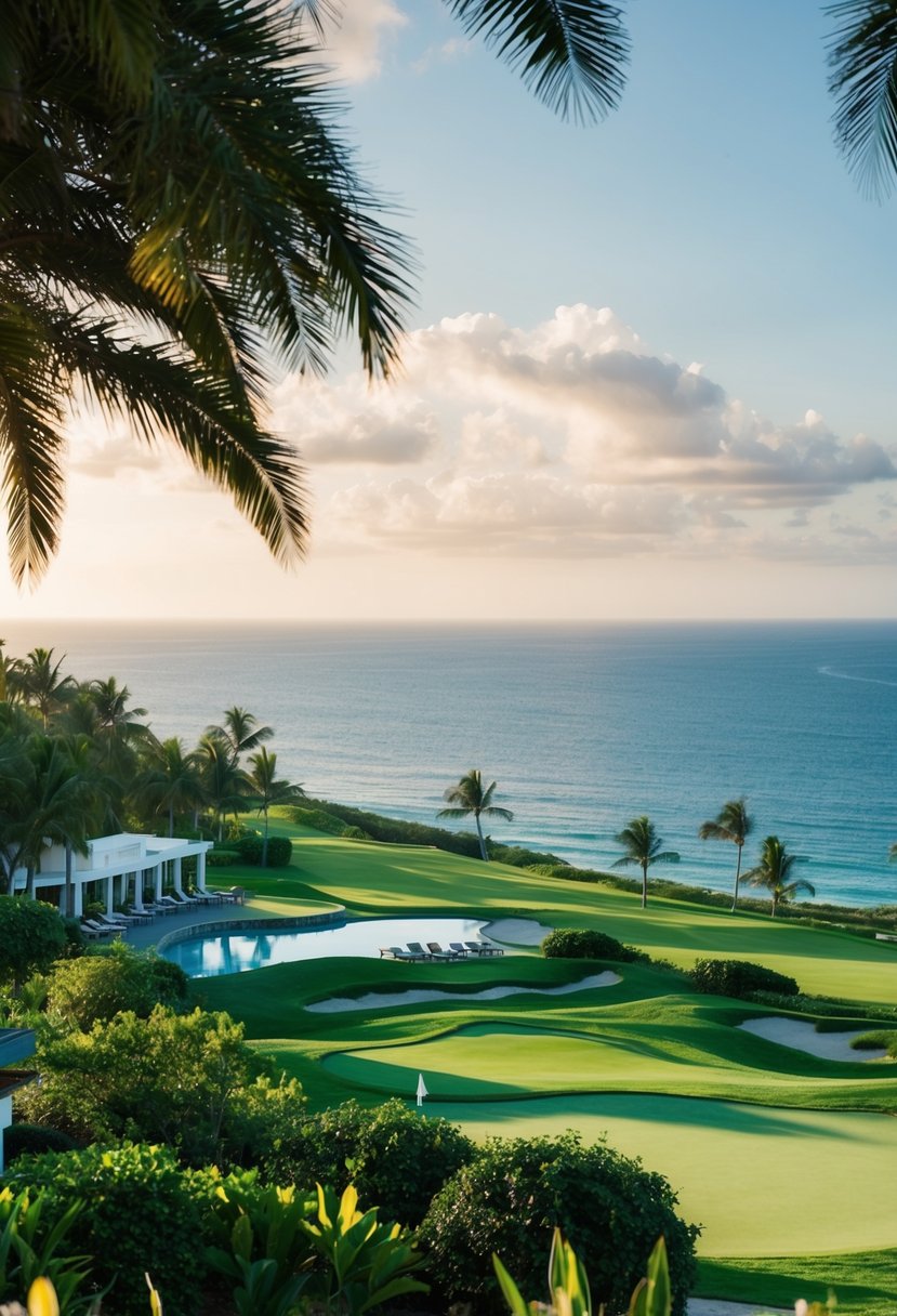 A luxurious resort nestled among lush greenery with a stunning view of the ocean and a pristine golf course