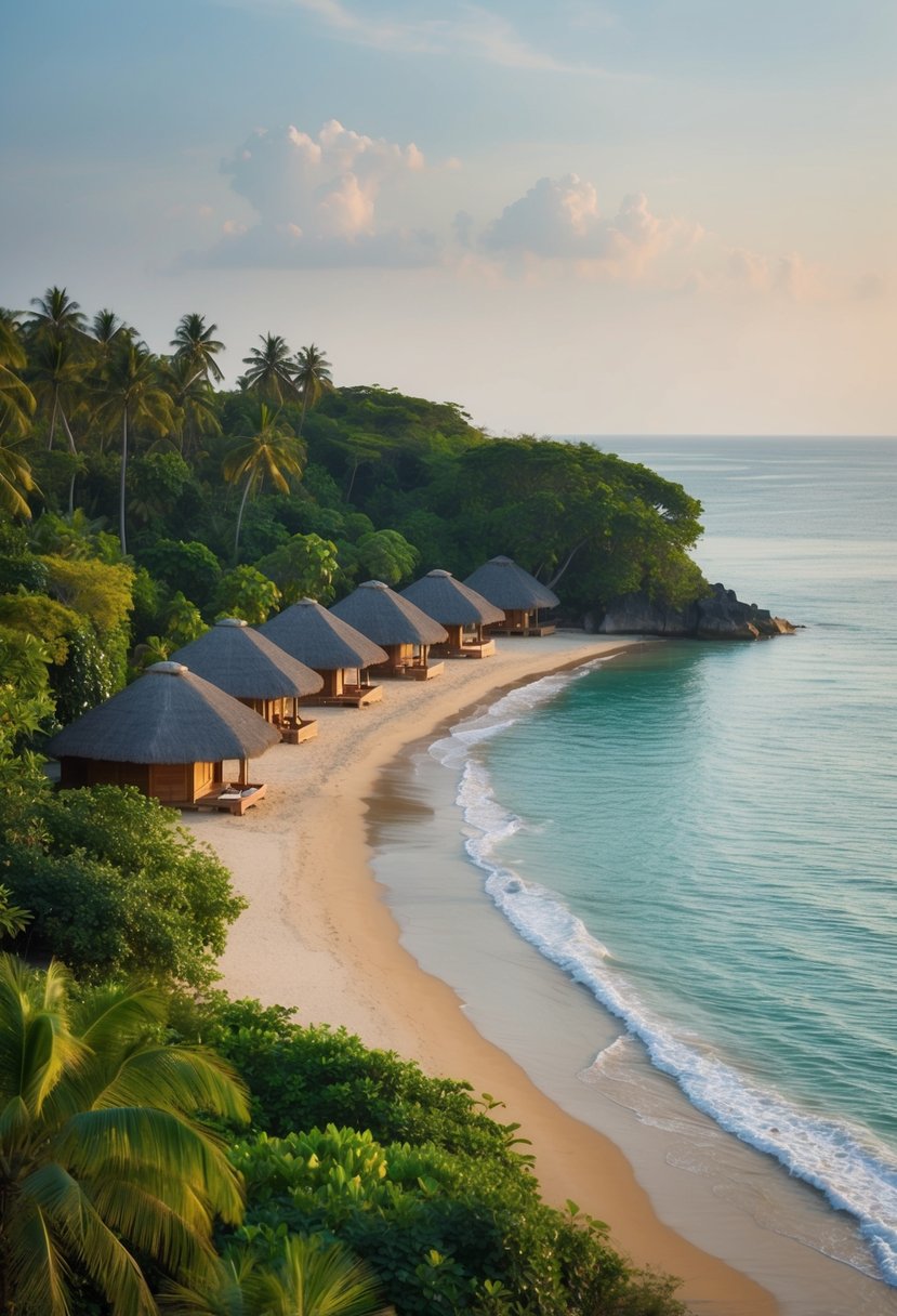 A serene beachfront with luxurious huts nestled among lush greenery, overlooking the sparkling waters of Sri Lanka's coast