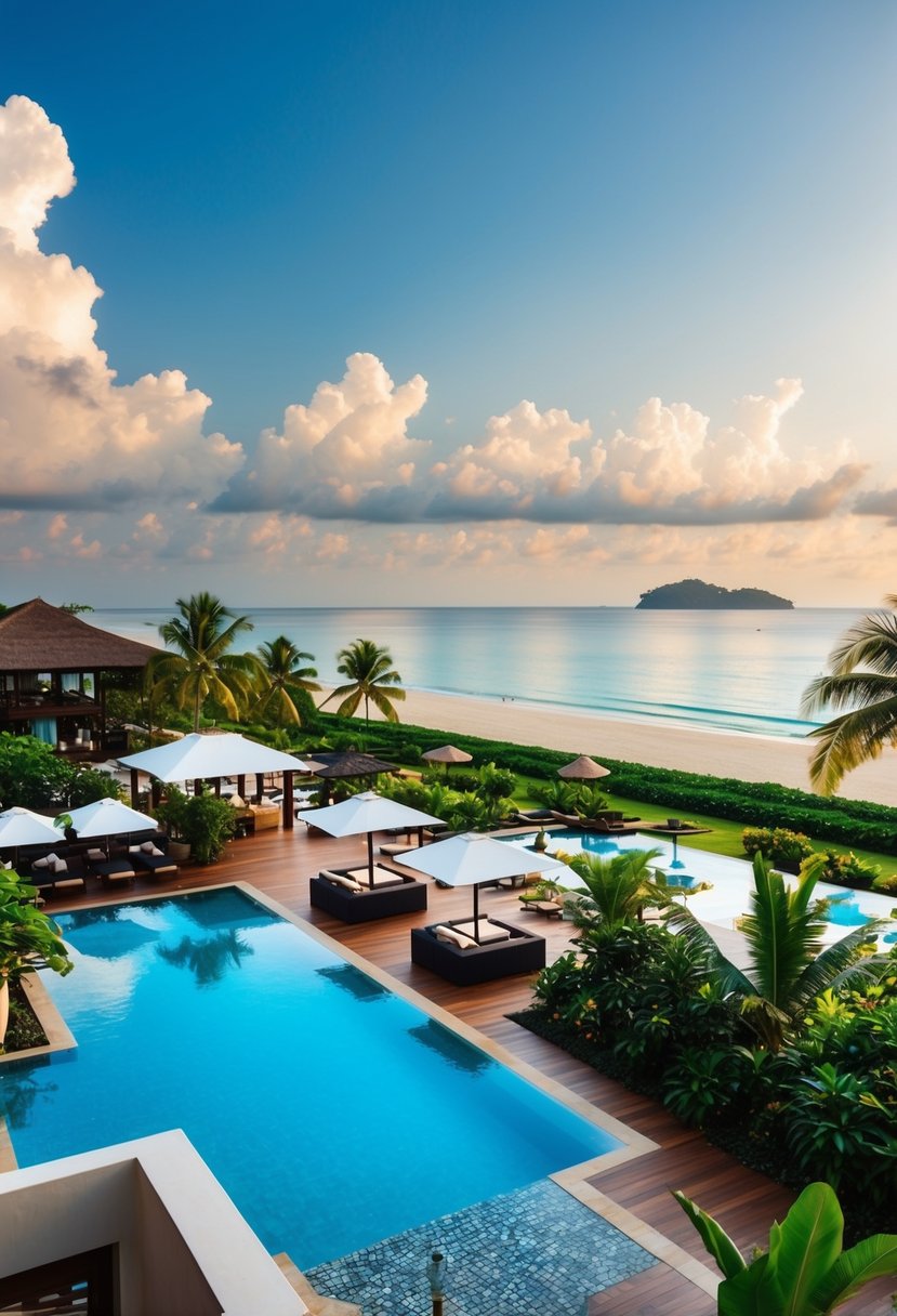 A luxurious resort in Sri Lanka with a pool, spa, beach, restaurant, and lush tropical gardens