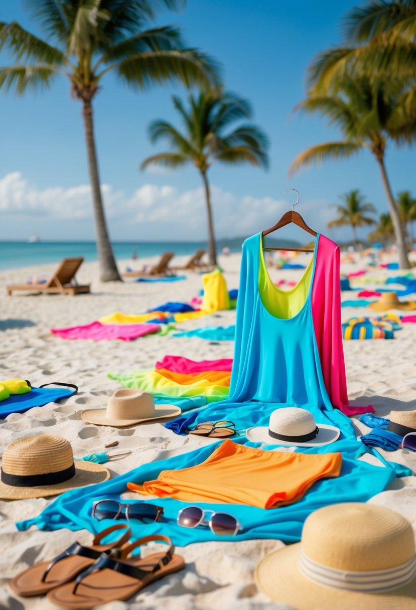 A beach resort scene with colorful swimwear, flowing cover-ups, sun hats, sunglasses, and sandals scattered on a sandy beach with palm trees in the background