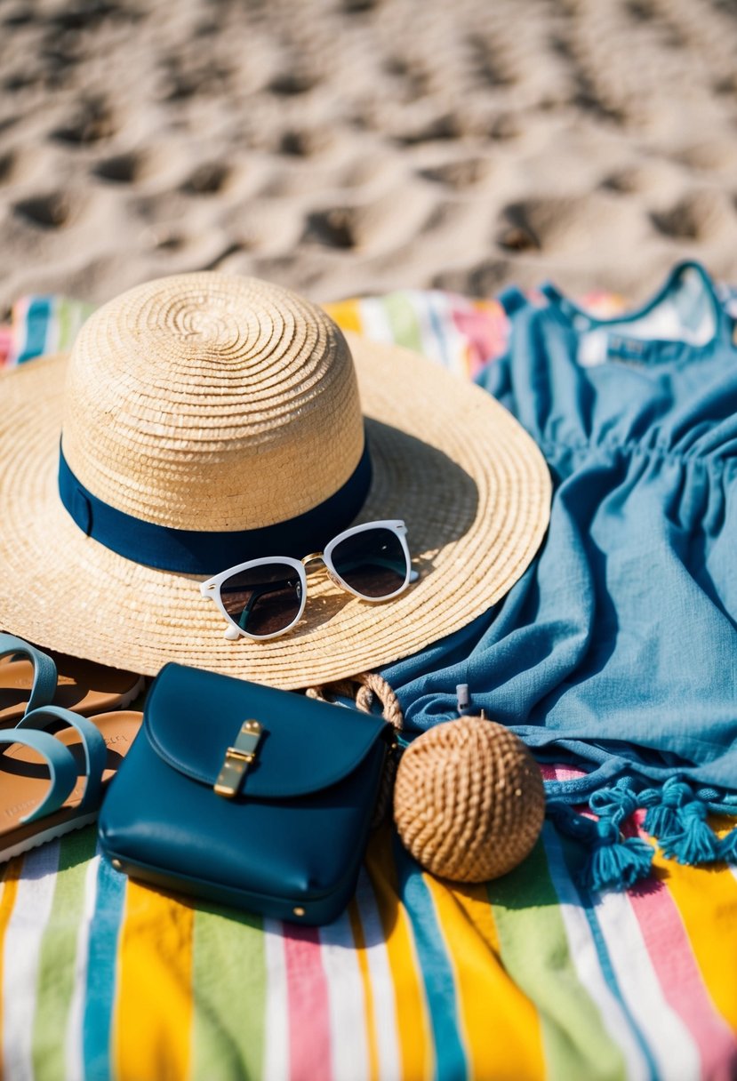 A straw hat, sunglasses, beach bag, sandals, and a flowy dress laid out on a beach towel