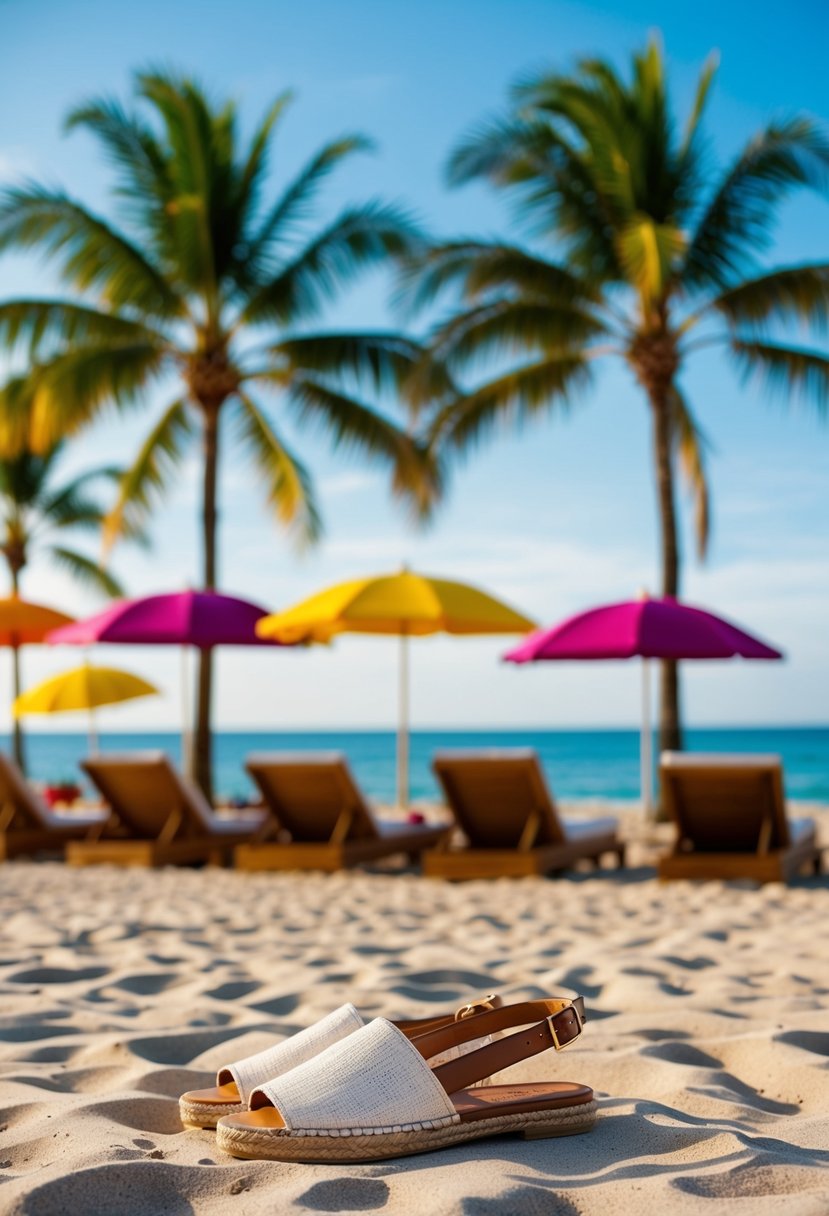 A sandy beach with palm trees, lounge chairs, and colorful umbrellas, with a pair of espadrille sandals placed on the sand