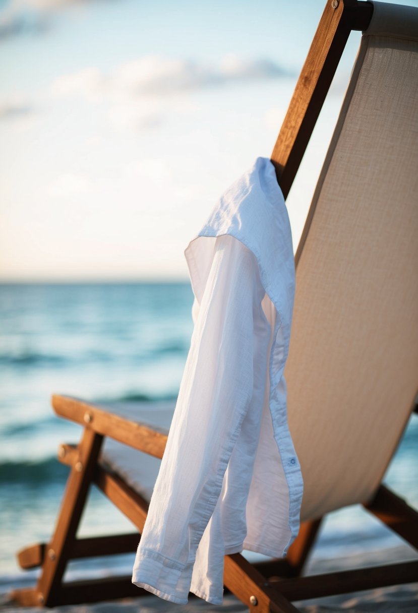 A white linen shirt draped over a beach chair by the water's edge