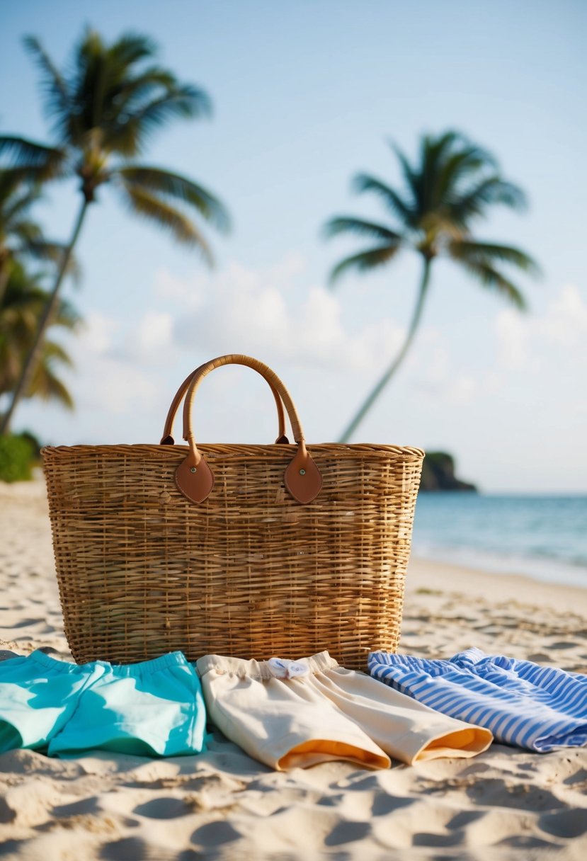 A wicker tote bag surrounded by 5 beach resort outfits laid out on a sandy beach with palm trees in the background