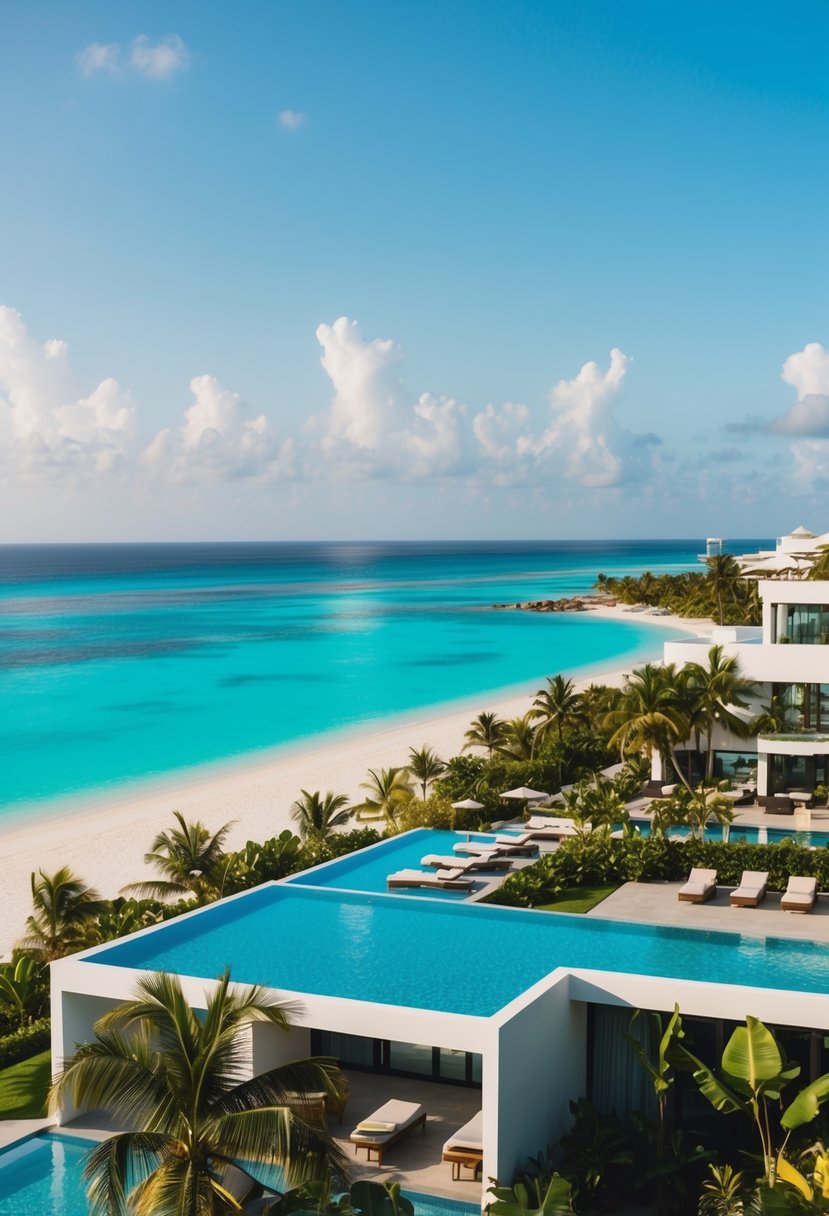 A luxurious beachfront resort with modern architecture, infinity pools, and lush tropical gardens overlooking the crystal-clear waters of the Caribbean Sea