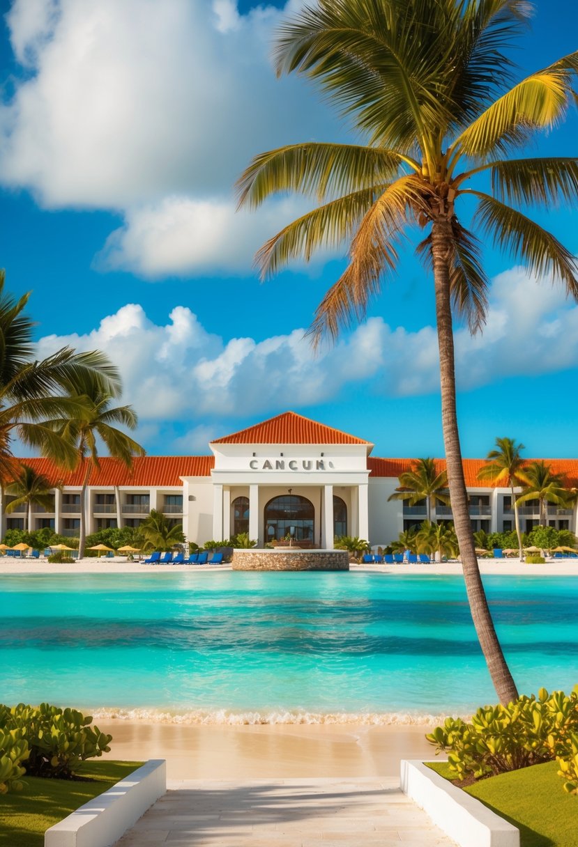 A luxurious beachfront resort in Cancun, with a grand entrance, palm trees, and crystal-clear turquoise waters