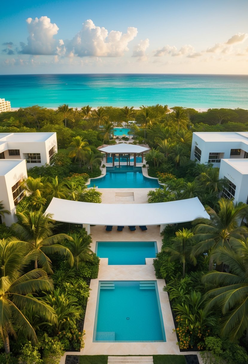 Lush tropical gardens surround a luxurious pool and modern architecture at Paradisus Cancun, with the turquoise waters of the Caribbean Sea in the background