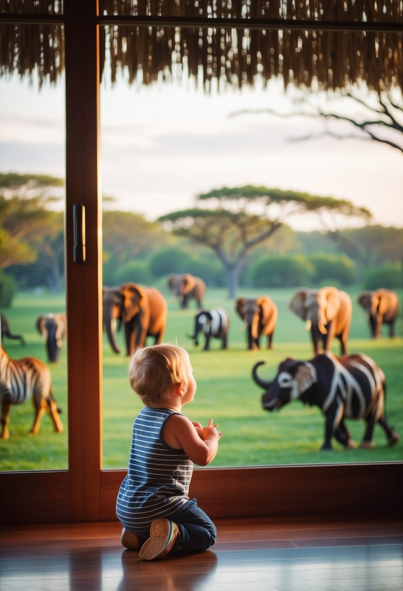 A playful toddler gazes in wonder at the colorful animals roaming freely in the lush savanna outside the windows of Disney's Animal Kingdom Lodge