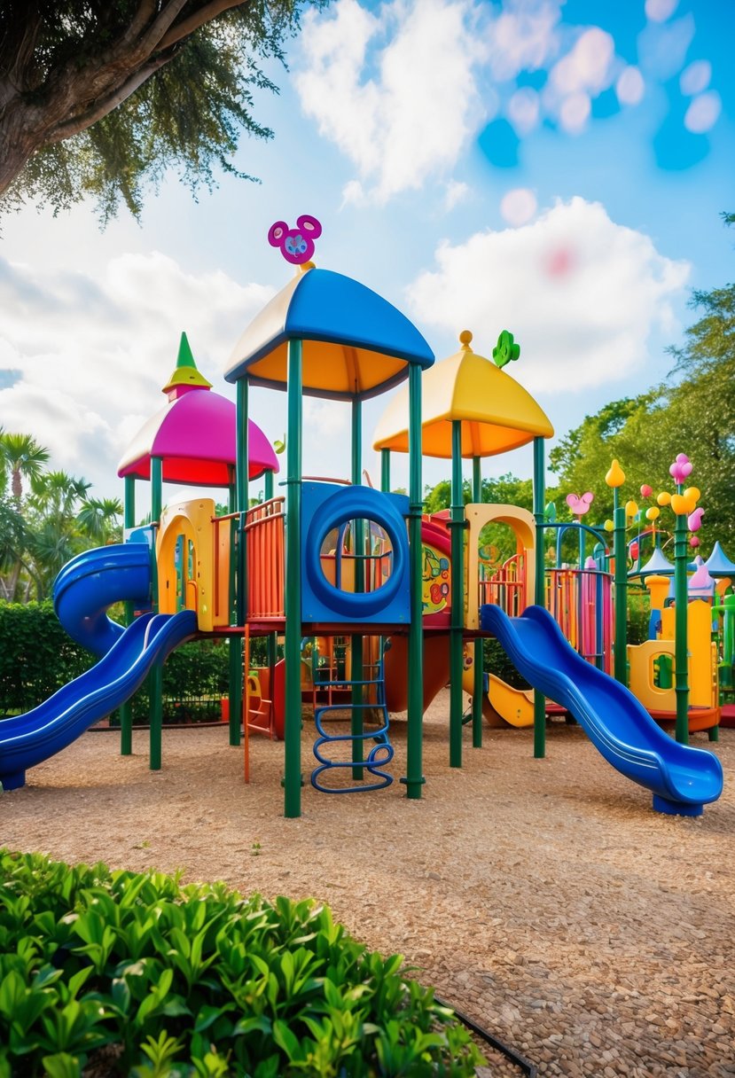 A colorful and vibrant playground filled with slides, swings, and climbing structures, surrounded by lush greenery and cheerful Disney-themed decorations