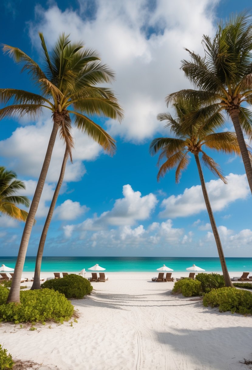 A luxurious beachfront resort in Florida, with palm trees, white sand, and crystal-clear blue water