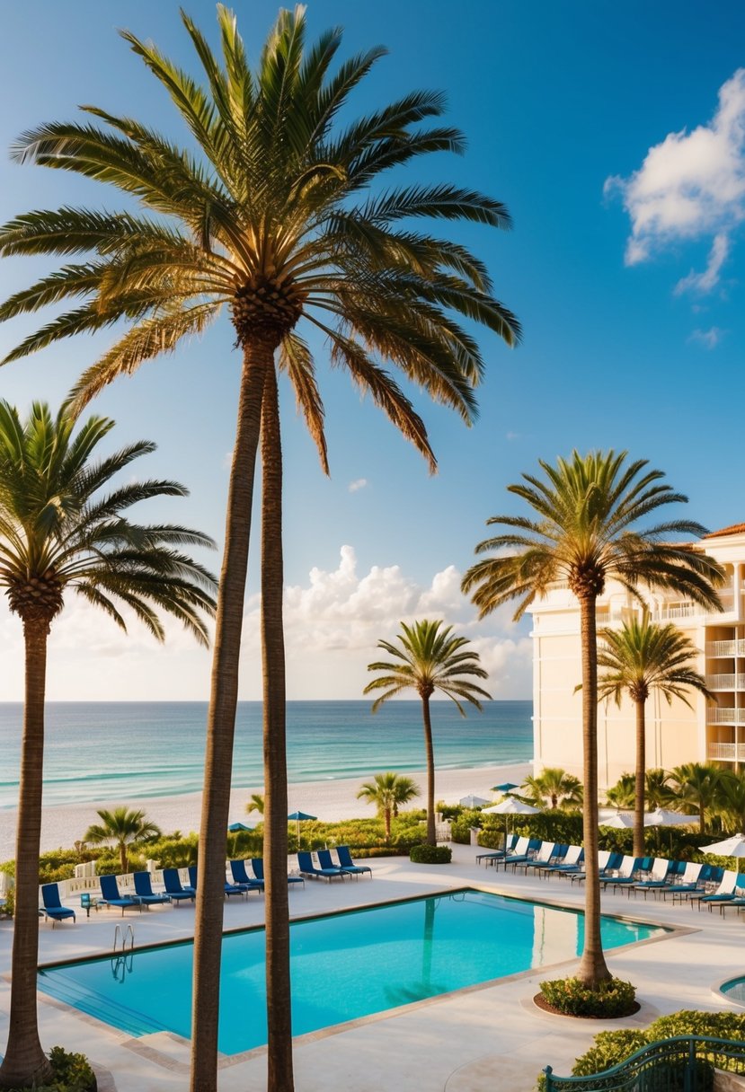 A luxurious beachfront resort with palm trees, pool, and elegant architecture overlooking the Atlantic Ocean in sunny Florida