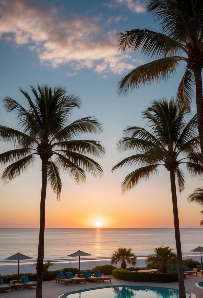 Sunset over Eau Palm Beach Resort & Spa with palm trees, pool, and ocean view