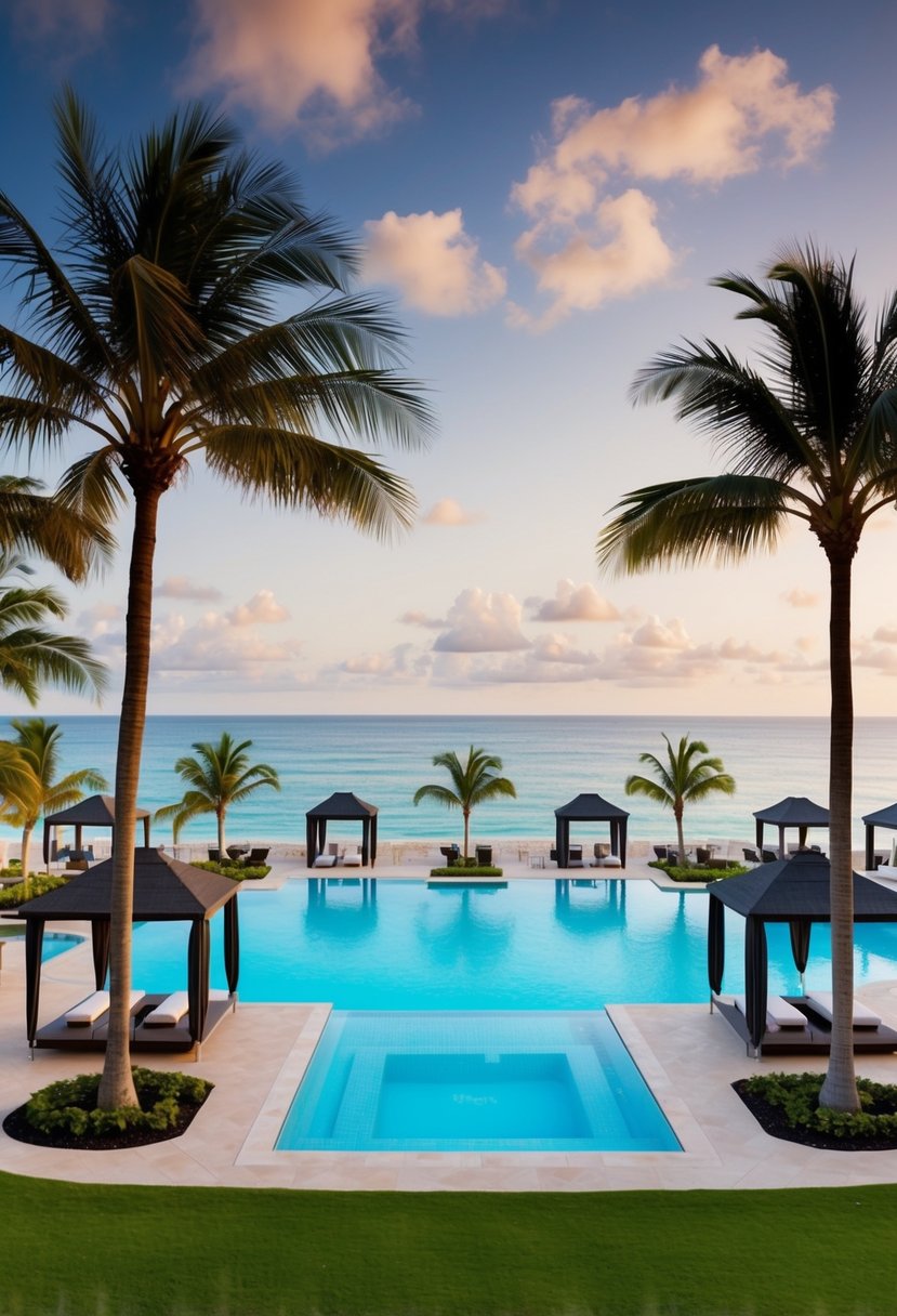 A luxurious beachfront resort with palm trees, cabanas, and a sparkling pool overlooking the ocean